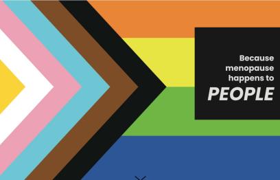 Pride flag with the text 'Because menopause happens to people'. Image credit: queermenopause.com