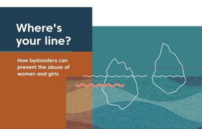 Two icebergs float in a sea of lines. Text says Where's Your Line: how bystanders can prevent the abuse of women and girls