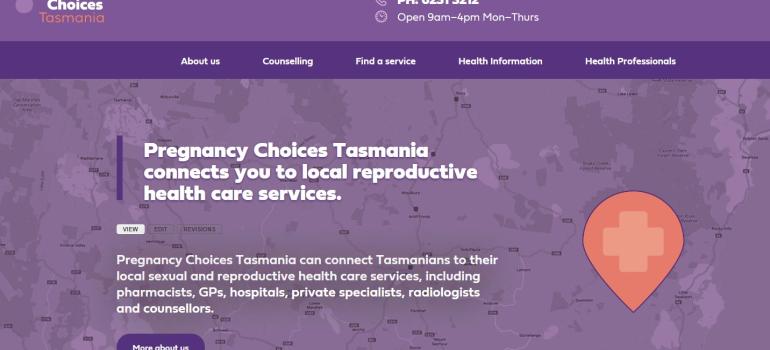 Photo of home page of Pregnancy Choices Tasmania website. Image has text and a map of Tasmania.